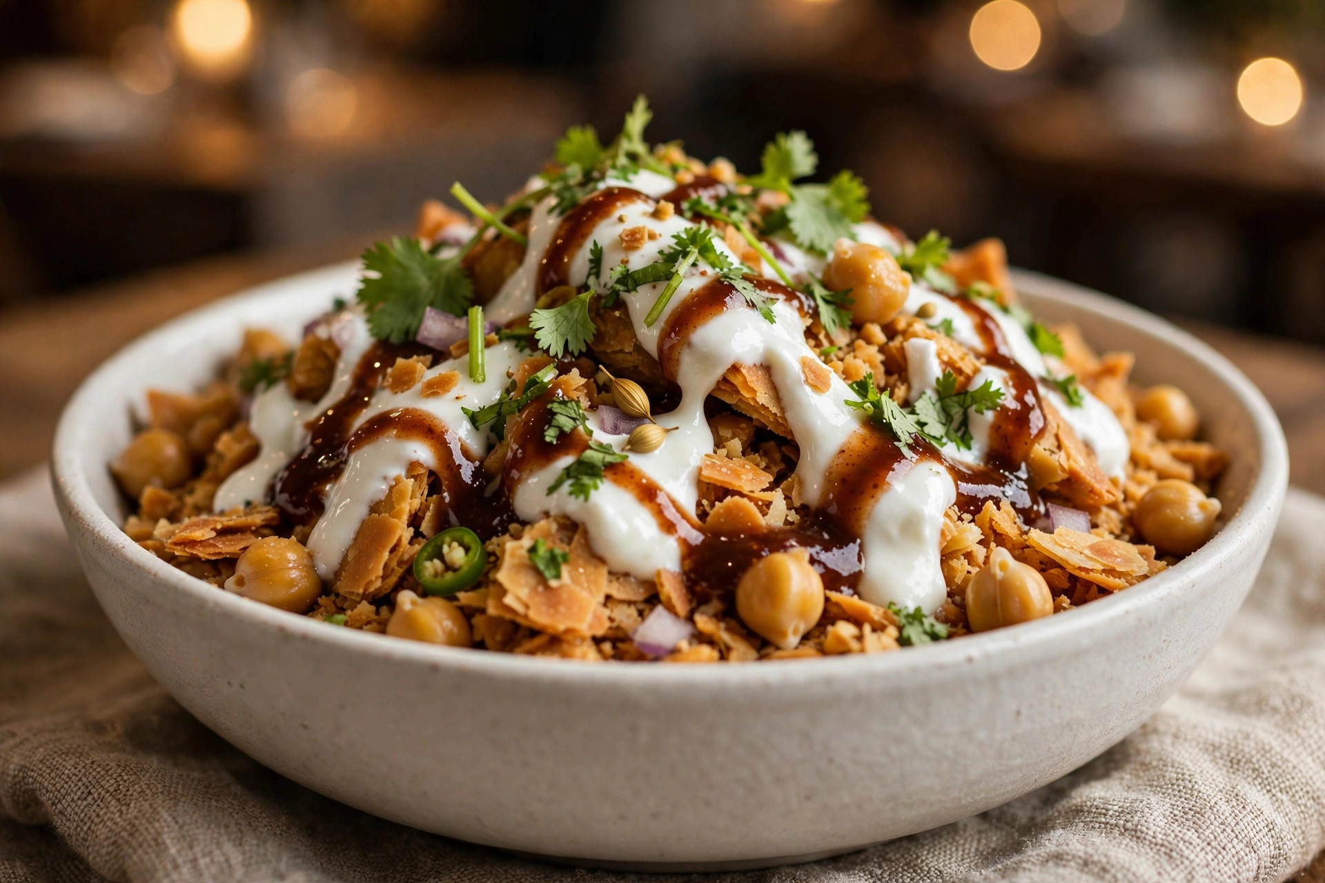 Samosa chaat in a bowl